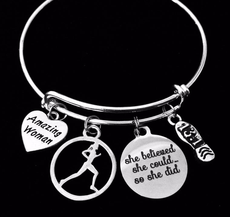 26.2 She Believed Marathon Runner Silver Expandable Charm Bracelet Adjustable Wire Bangle One Size Fits All Gift Trendy