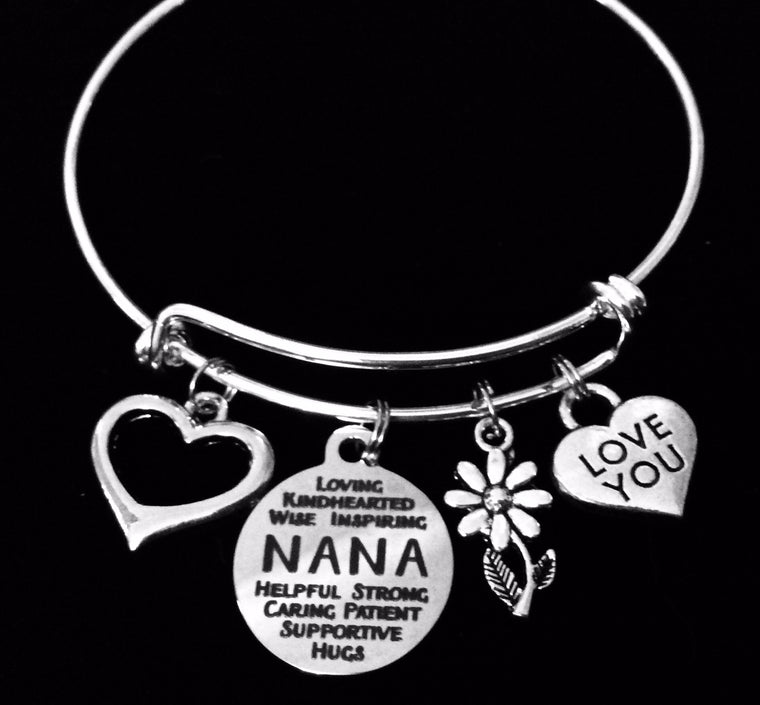 Love You Nana Expandable Charm Bracelet Silver Adjustable Wire Bangle Grandmother Grandma One Size Fits All Gift