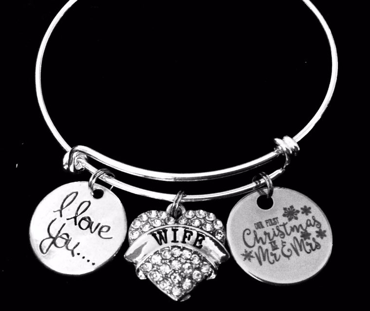 Our First Christmas as Mr and Mrs Expandable Charm Bracelet Silver Adjustable Bangle One Size Fits All Gift