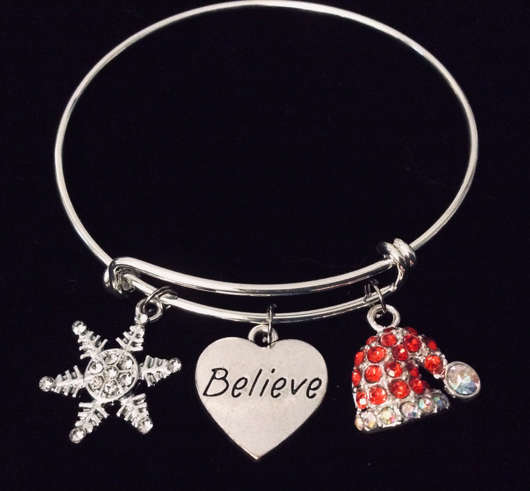 Believe in Christmas Expandable Charm Bracelet Adjustable Silver Stackable Bangle Trendy One Size Fits All Gift