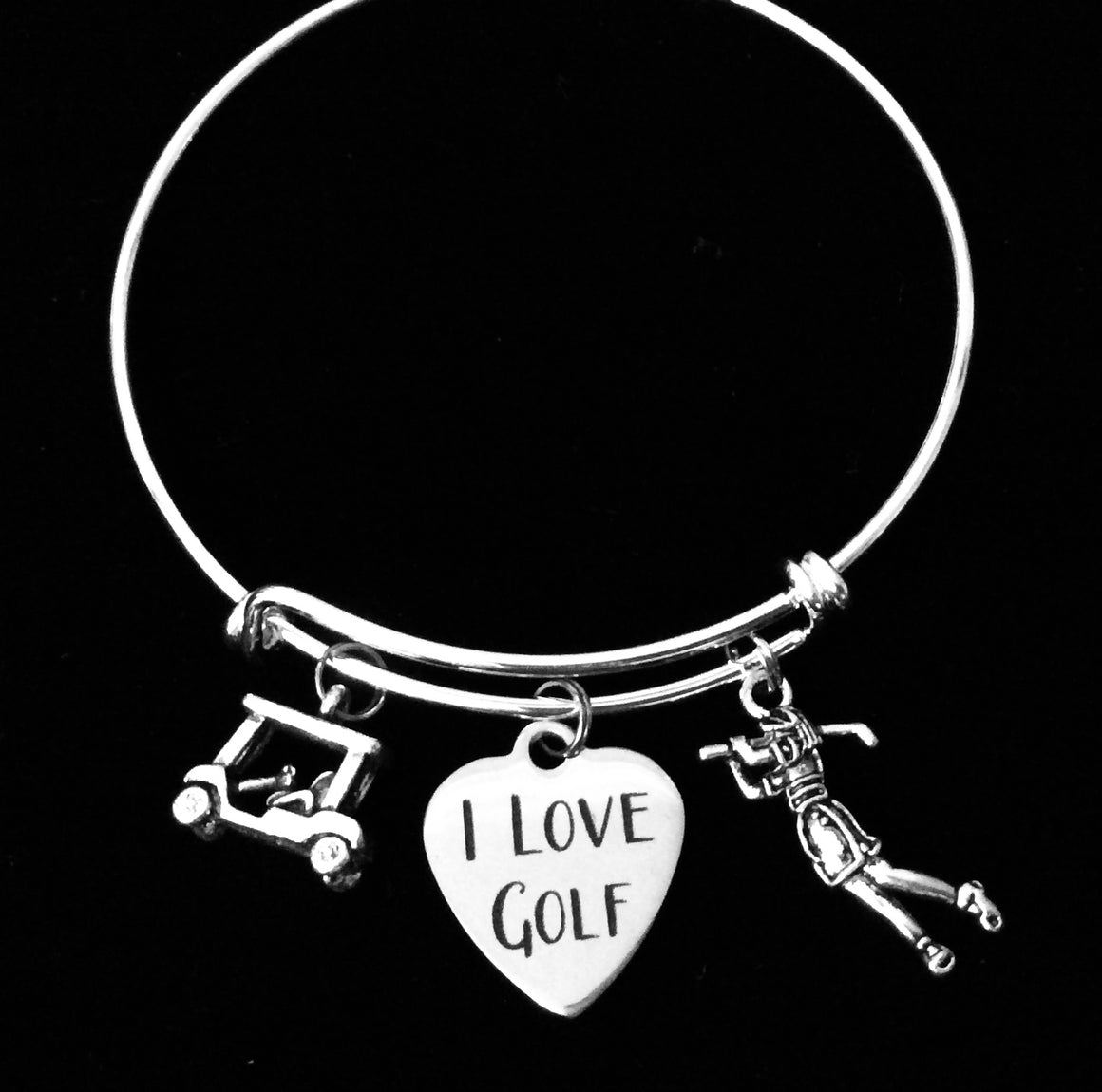 I Love Golf Jewelry Golfer Expandable Charm Bracelet Adjustable Silver Wire Bangle Golf Cart Woman Golfer One Size Fits All Gift