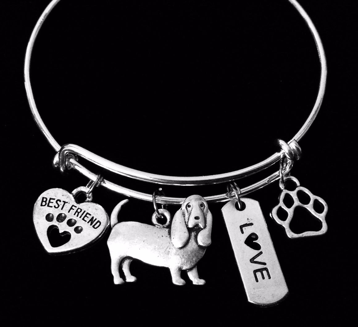 Bassett Hound Dog Expandable Charm Bracelet Silver Adjustable Wire Bangle Gift Paw Print One Size Fits All Gift