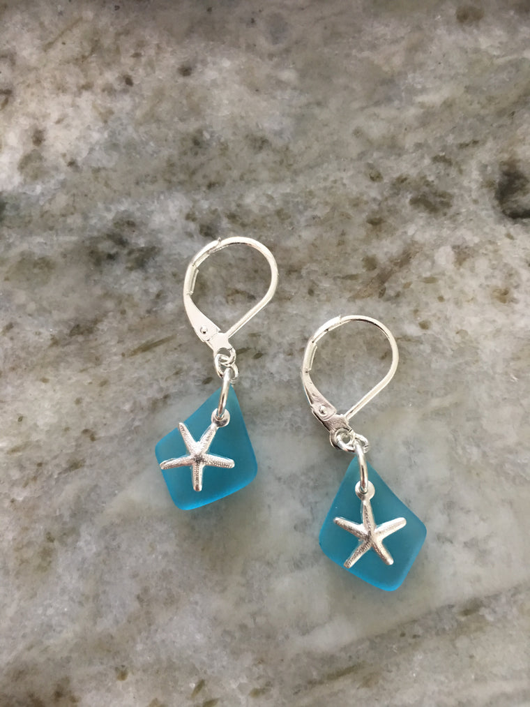 Star Fish Sea Glass Earrings Sterling Silver Blue Seaglass Jewelry Nautical Earrings Beach Glass