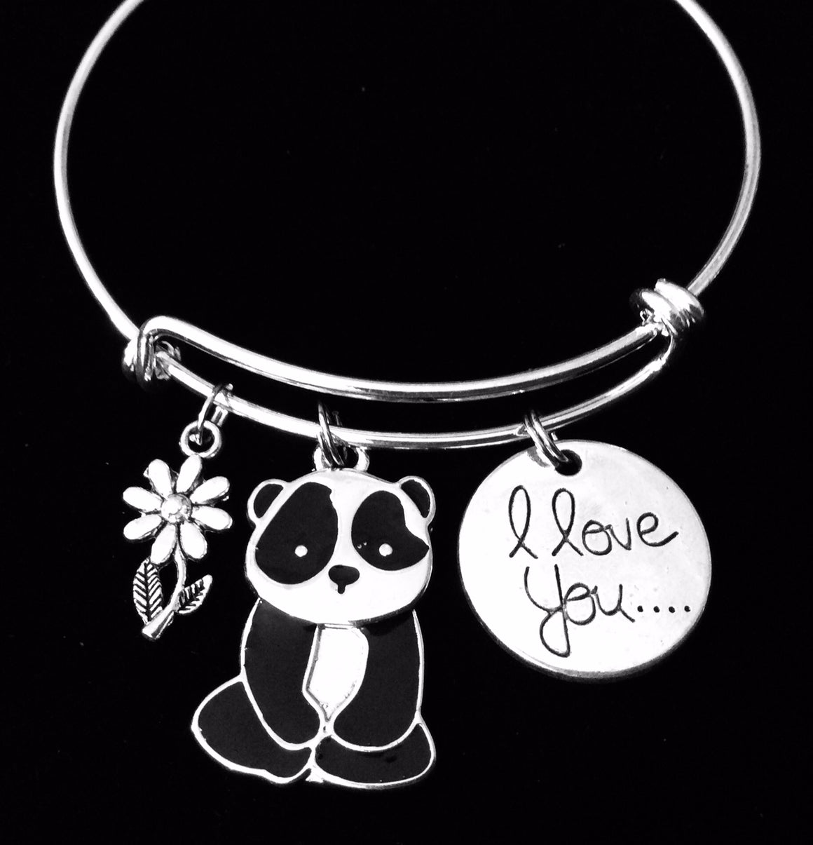 I Love you Panda Women's Charm Bracelet Silver Expandable Adjustable Bangle One Size Fits All Gift