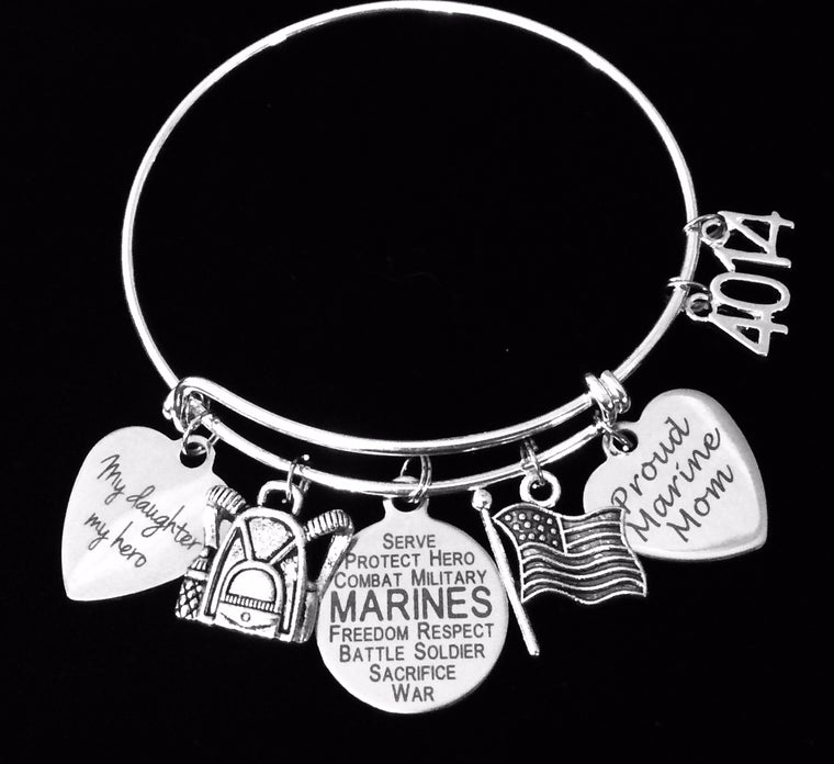 Personalized Marine Daughter Gift for Marine Mom Expandable Charm Bracelet Silver Adjustable Bangle One Size Fits All Gift USA Military USMC