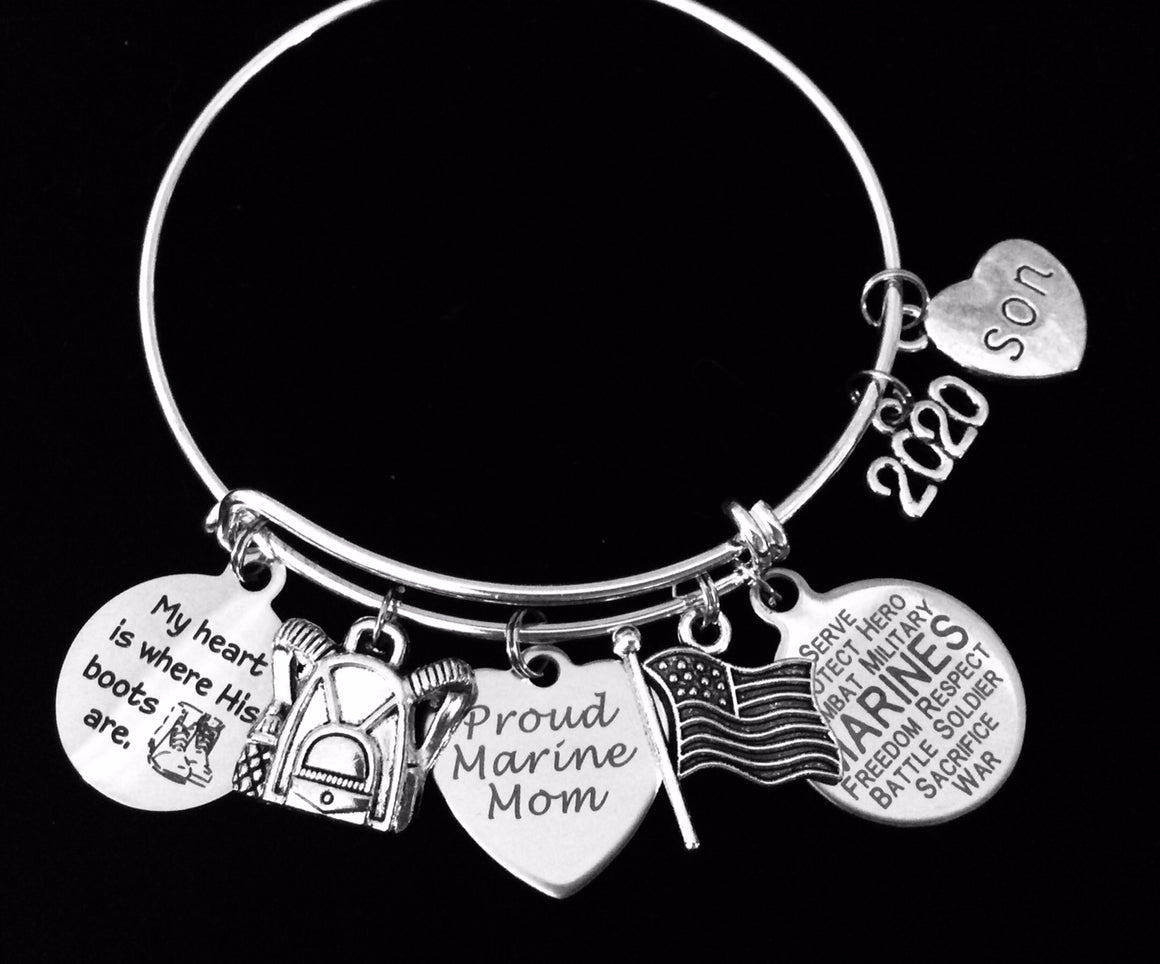 Personalized Marine Son Gift for Marine Mom Expandable Charm Bracelet Silver Adjustable Bangle One Size Fits All Gift USA Military USMC Marines
