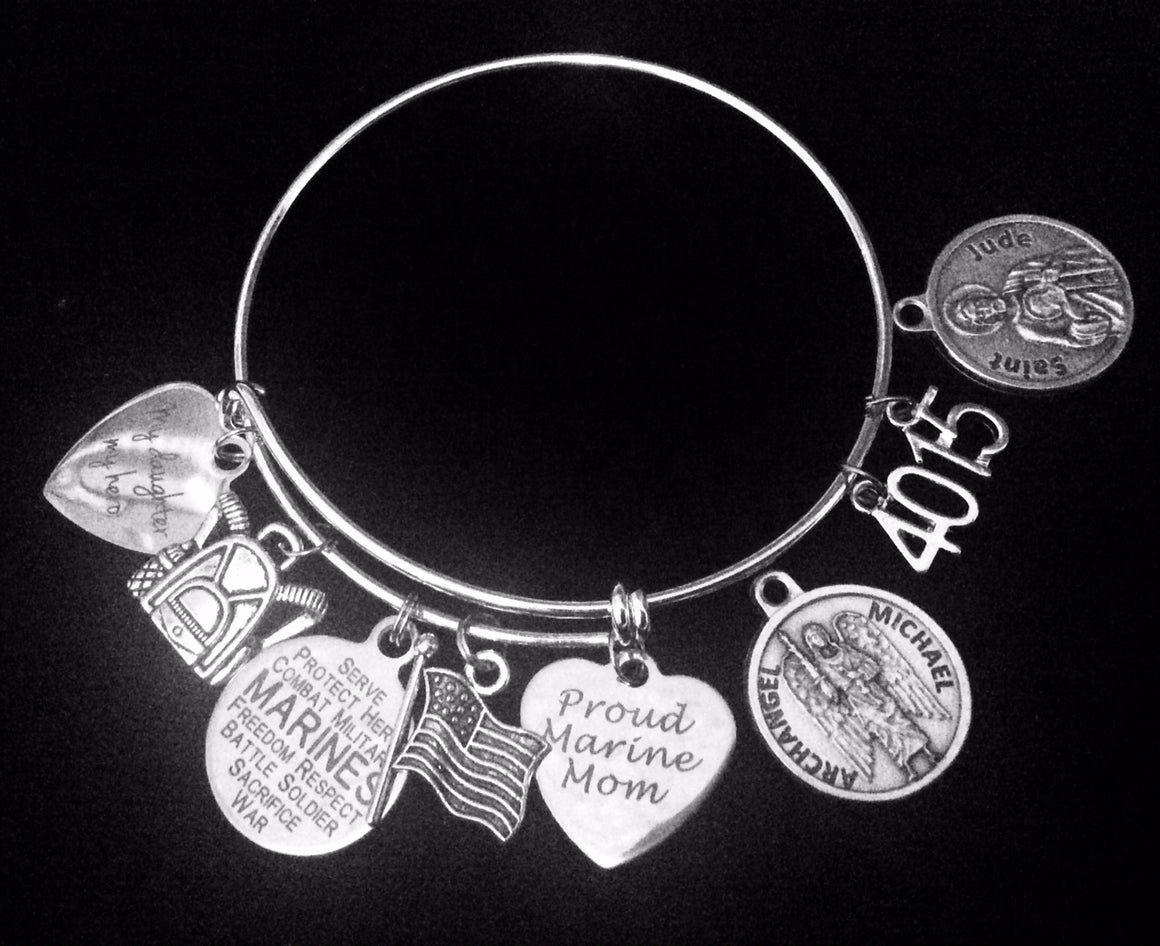 Personalized Marine Daughter Gift for Marine Mom Saint Jude Saint Micheal Expandable Charm Bracelet Silver Adjustable Bangle One Size Fits All Gift USA Military USMC