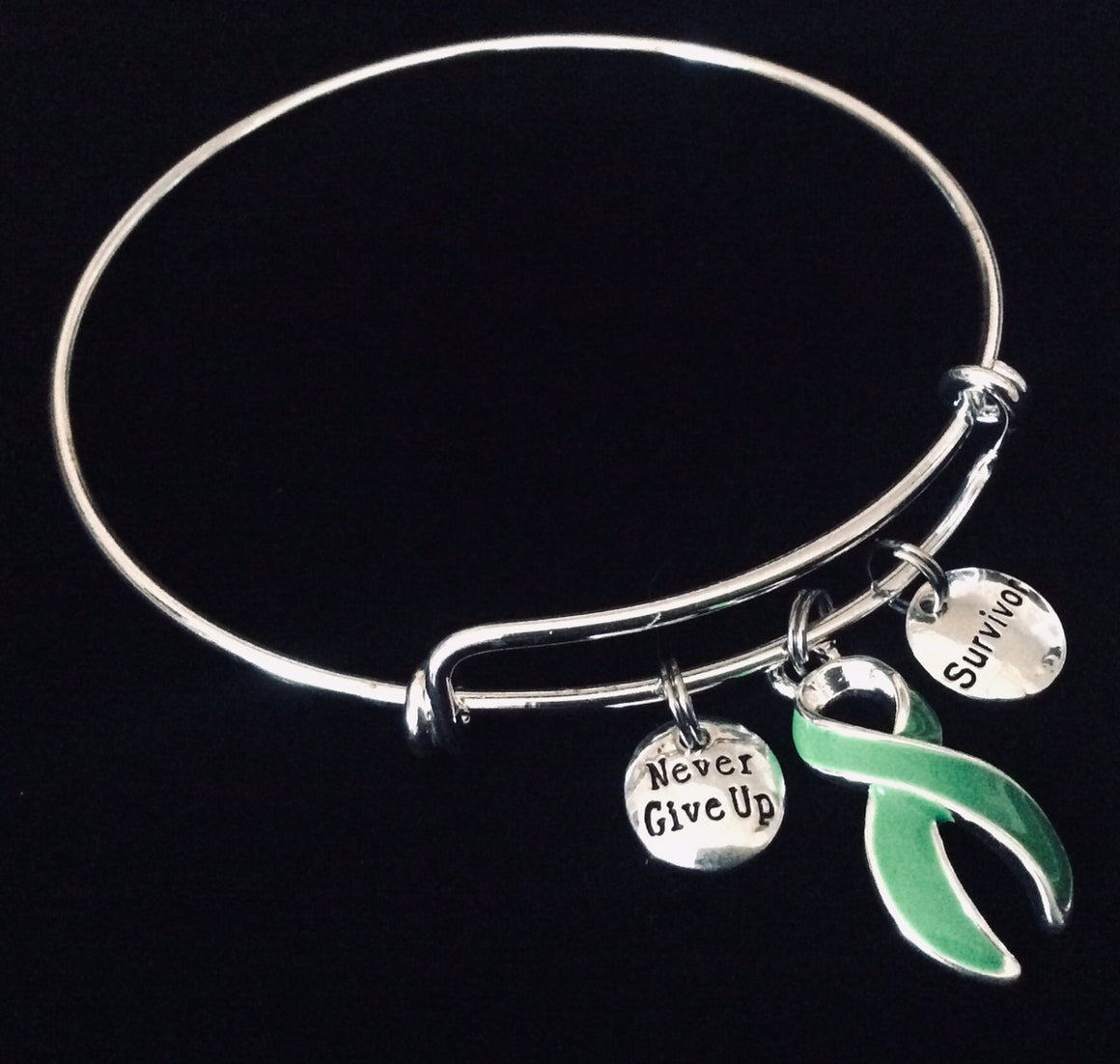 Never Give Up Survivor Charm Bracelet Green Awareness Ribbon Gift for Her Expandable Adjustable One Size Fits All