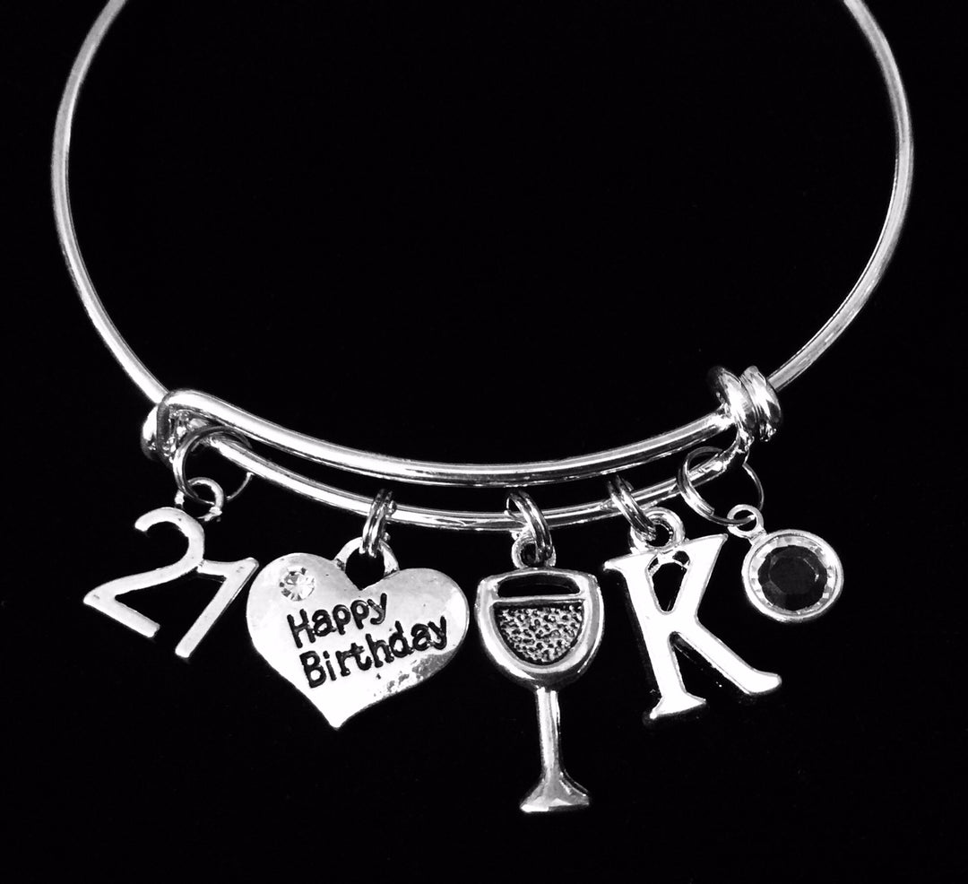 Happy 21st Birthday Wine Glass Birthstone Expandable Silver Charm Bracelet Adjustable Bangle Trendy 21 Gift