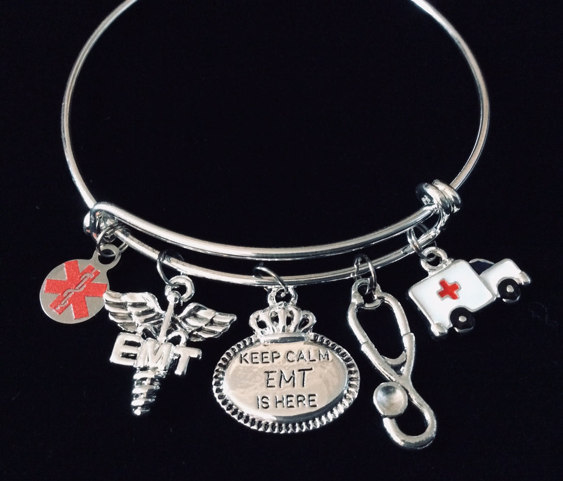 Keep Calm the EMT is Here Expandable Charm Bracelet Adjustable Bracelet One Size Fits All Gift for Paramedic Stethoscope Ambulance