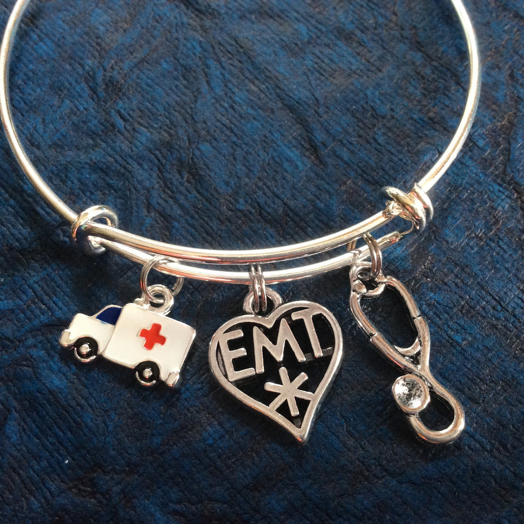 Stethoscope Ambulance and EMT Medical Charm on a Silver Expandable Adjustable Bangle