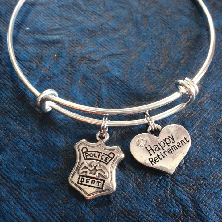 Happy Retirement Police Officer Bracelet Adjustable Expandable Silver Wire Bangle