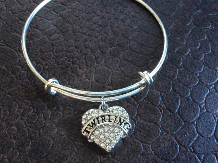 Twirling Crystal Heart Charm Silver Expandable Bangle 