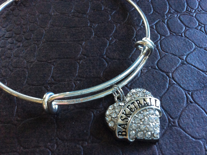 Basketball Crystal Heart Charm Silver Expandable Bangle