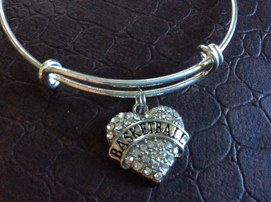 Basketball Crystal Heart Charm Silver Expandable Bangle
