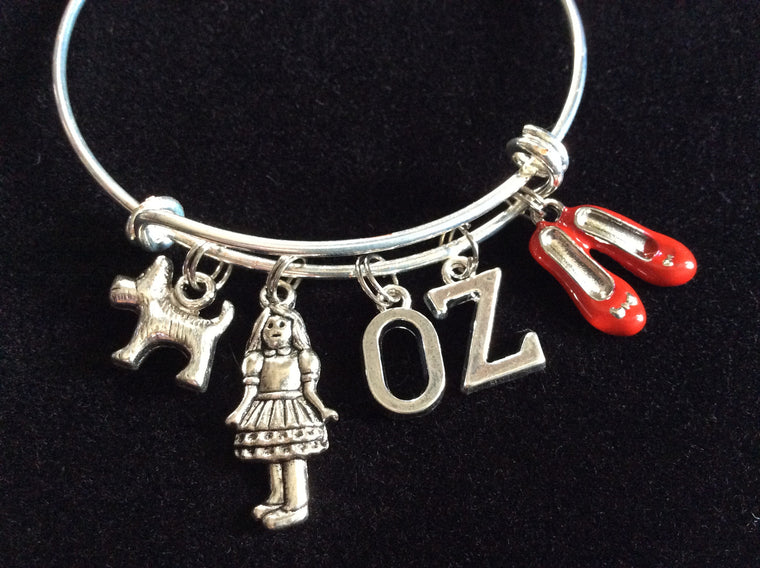 Dorothy and Toto Dog Charms on a Silver Expandable Adjustable Bangle