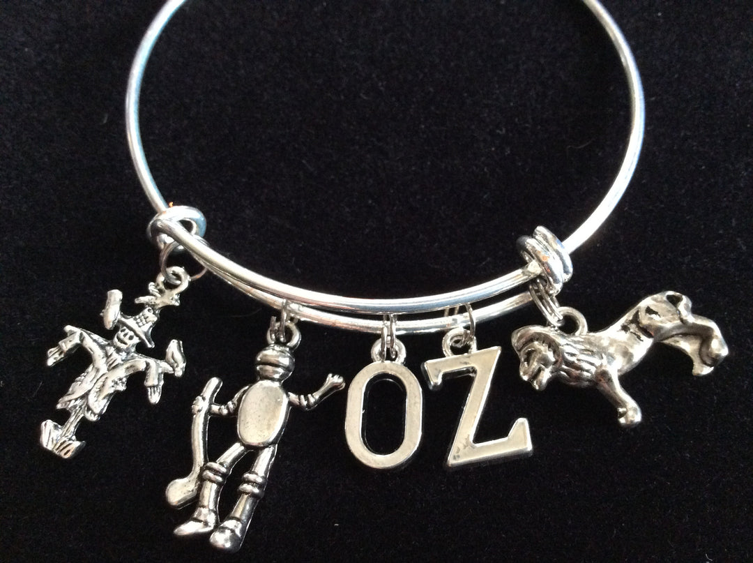 Scarecrow, Tin Man, Loin Charms on a Silver Expandable Adjustable Bangle 