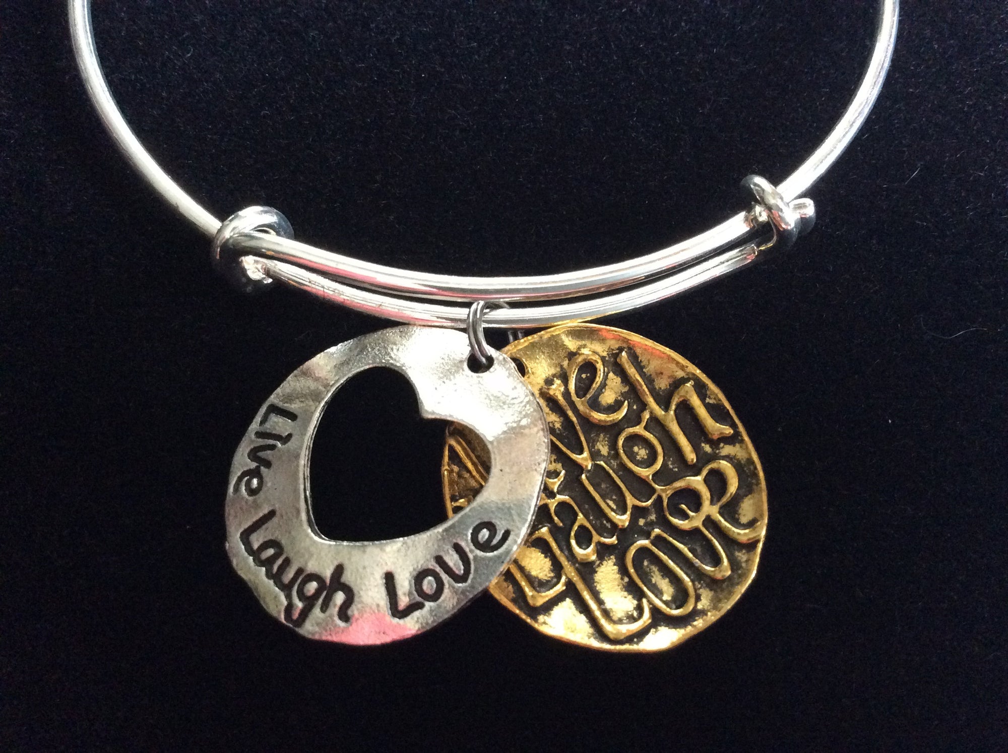 Live Love Laugh Gold and Silver Disk Charms on a Silver Expandable Wire Bangle 