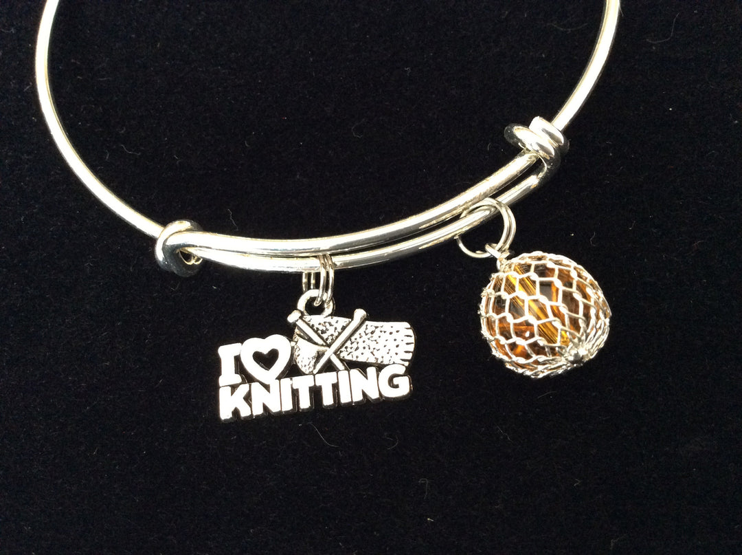 I Love Knitting Silver Charm Bracelet Expandable Adjustable Wire Bangle 