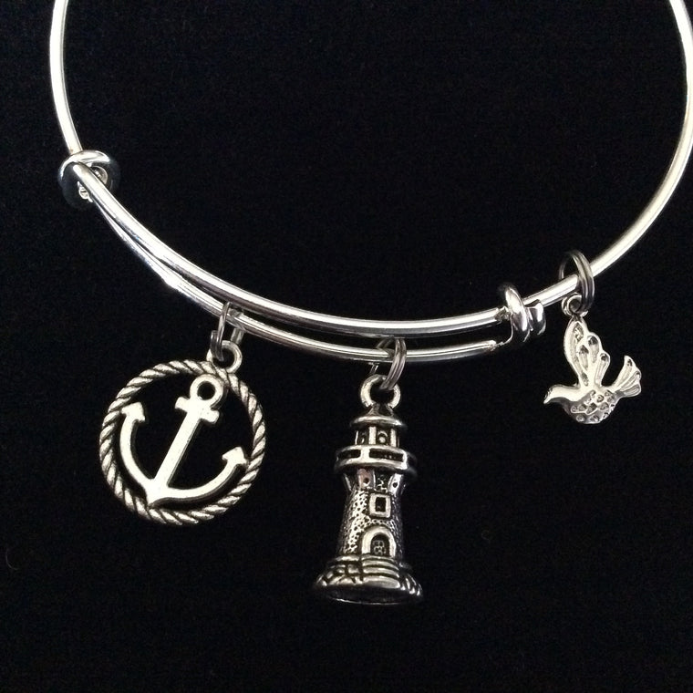 Lighthouse Silver Anchor and seagull Charm on an Expandable Adjustable Silver Wire Bangle 