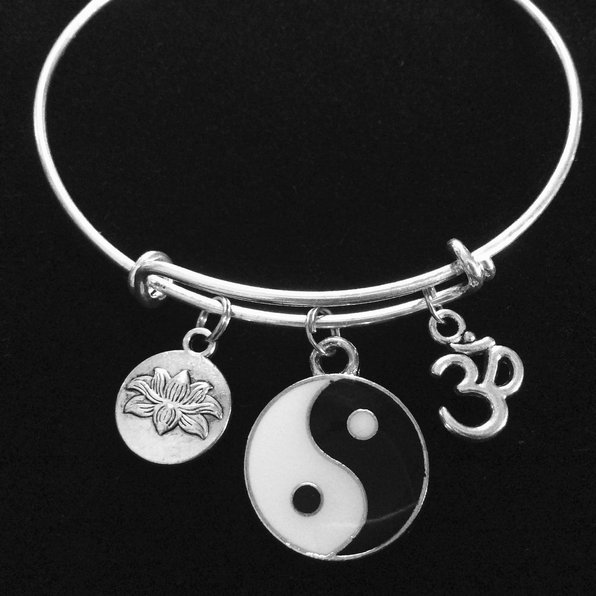 Black and White Silver Yin Yang with Lotus and Om Charm Bracelet