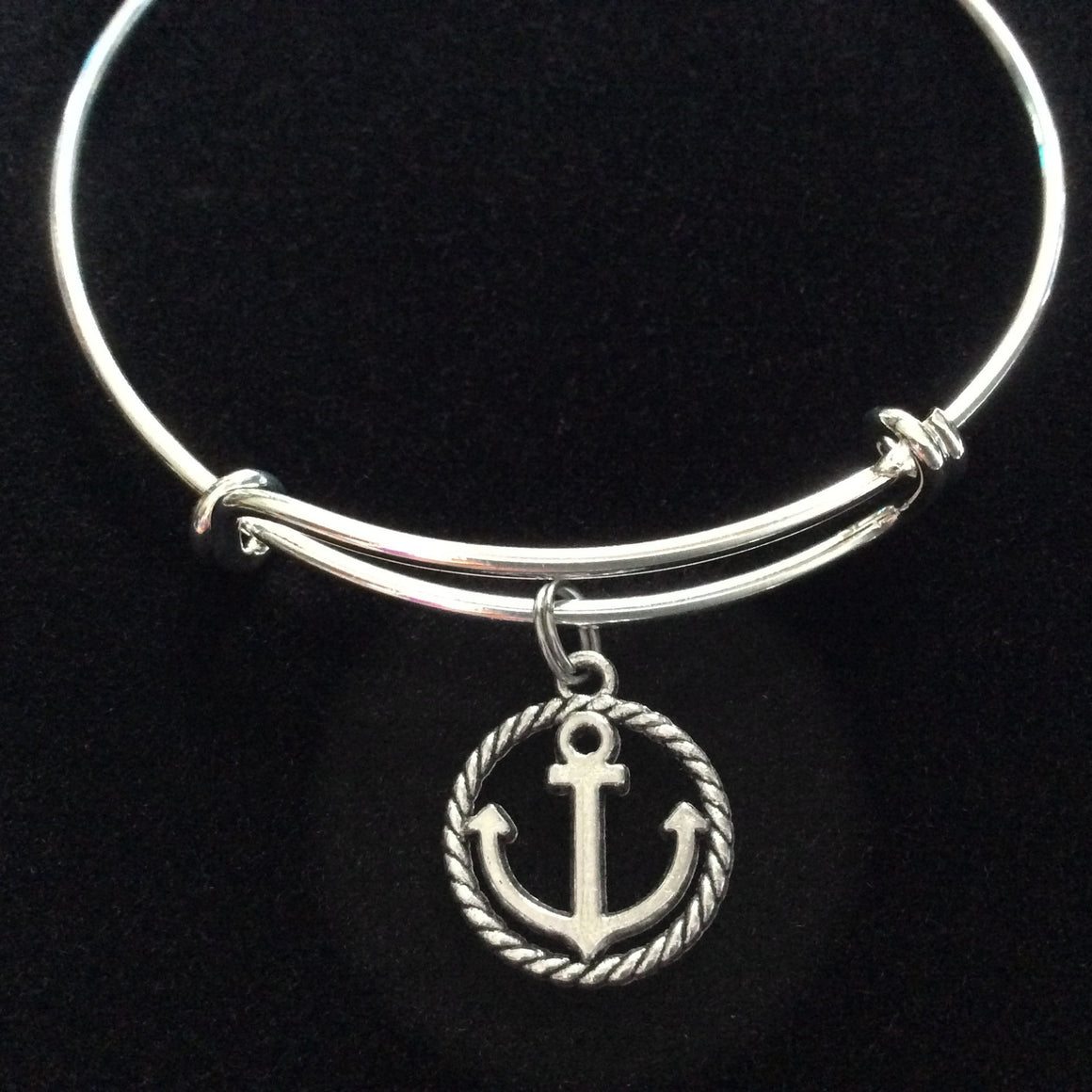 Silver Anchor Charm on an Expandable Adjustable Silver Wire Bangle