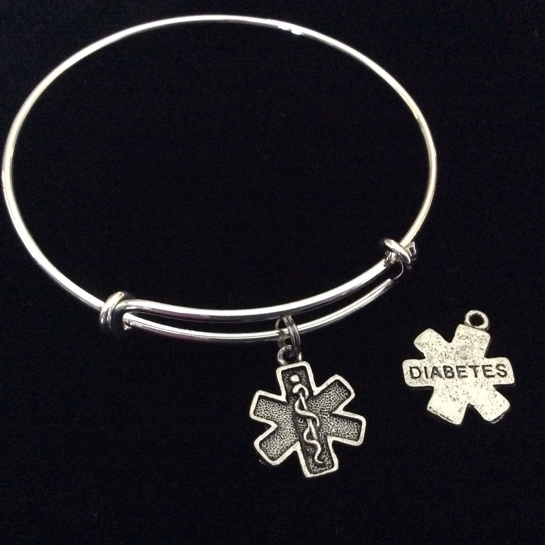 Silver Diabetic Medical Alert (Double Sided Charm) on an Adjustable Bangle
