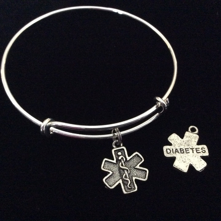Silver Diabetic Medical Alert (Double Sided Charm) on an Adjustable Bangle