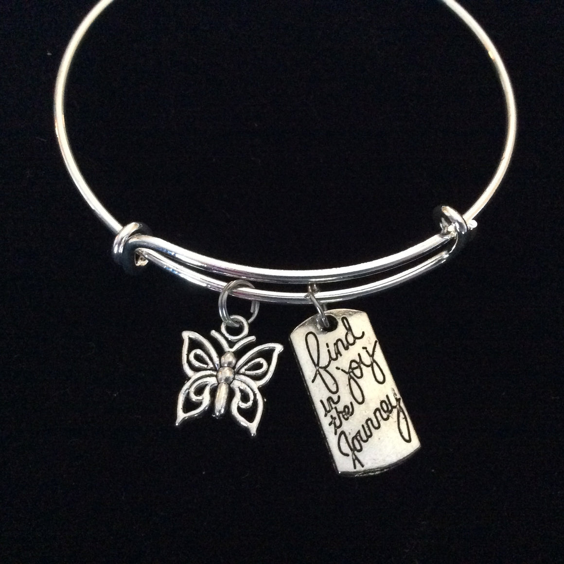 Find Joy in The Journey with Silver Butterfly Charm Adjustable Expandable Wire Bangle