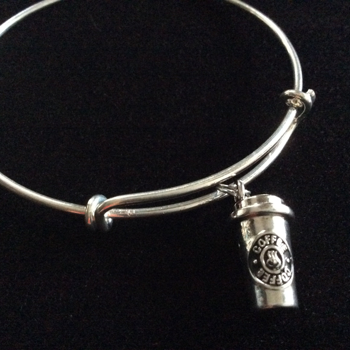Coffee Cup Charm on a Silver Expandable Silver Wire Bangle Bracelet