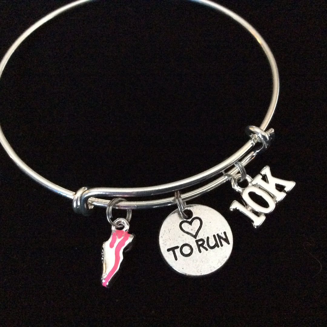 Pink Running Shoe Love to Run 10K Heart Charm on Silver Bracelet