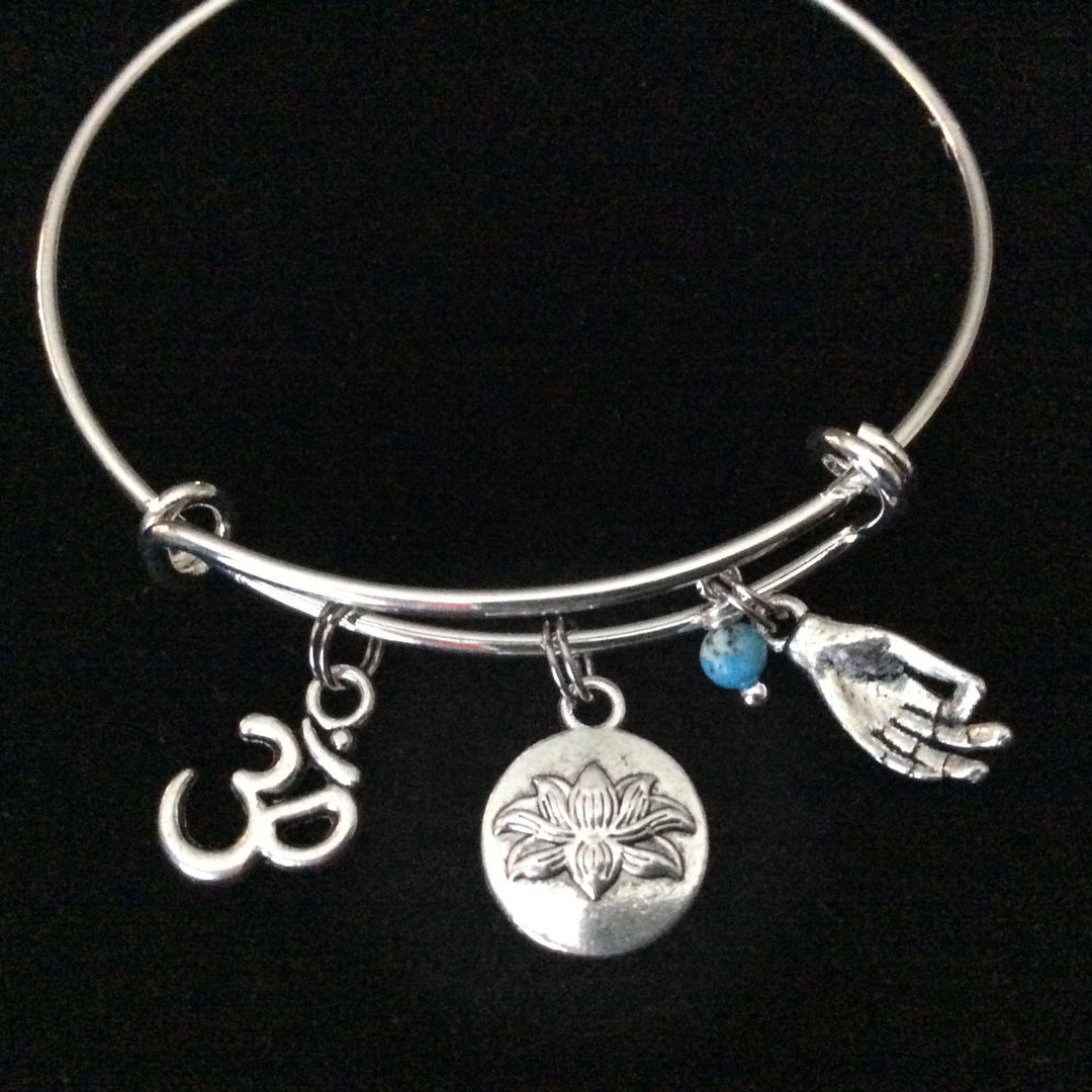 Turquoise Lotus Om Meditation Charm Bracelet Adjustable Expandable Silver Wire Bangle