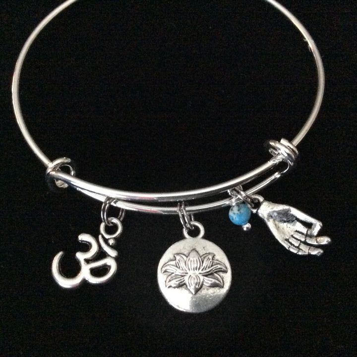 Turquoise Lotus Om Meditation Charm Bracelet Adjustable Expandable Silver Wire Bangle