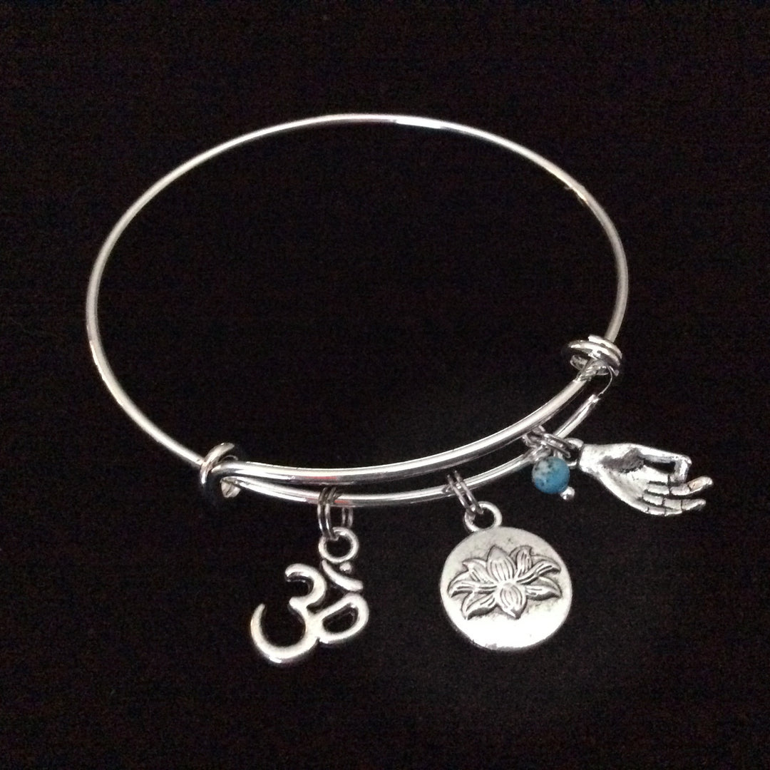 Turquoise Lotus Om Meditation Charm Bracelet Adjustable Expandable Silver Wire Bangle