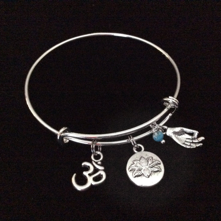 Turquoise Lotus Om Meditation Charm Bracelet Adjustable Expandable Silver Wire Bangle