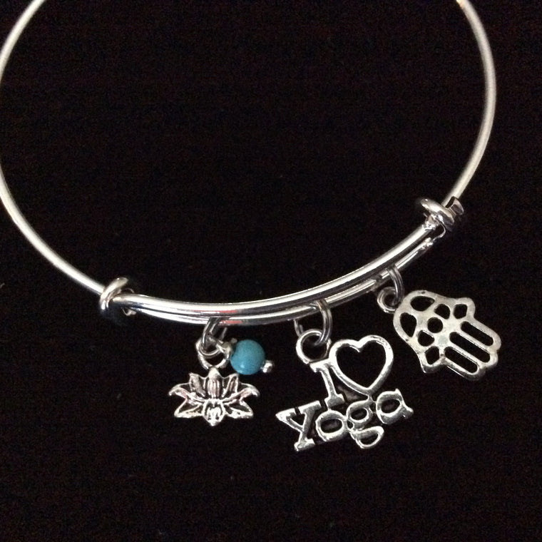 I Love Yoga with Turquoise Lotus Hamsa Charm Bracelet Adjustable Expandable Silver Wire Bangle