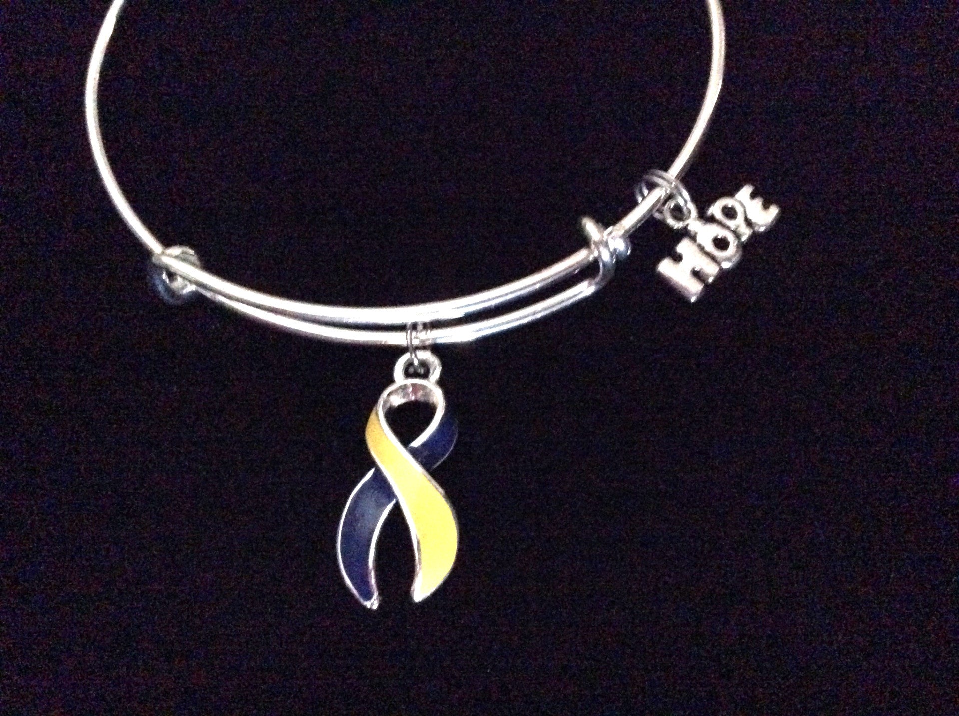 Blue and Yellow Awareness Ribbon Expandable Charm Bracelet Adjustable Wire Bangle Downs Syndrome Meaningful Hope (Other Awareness Ribbons Available)