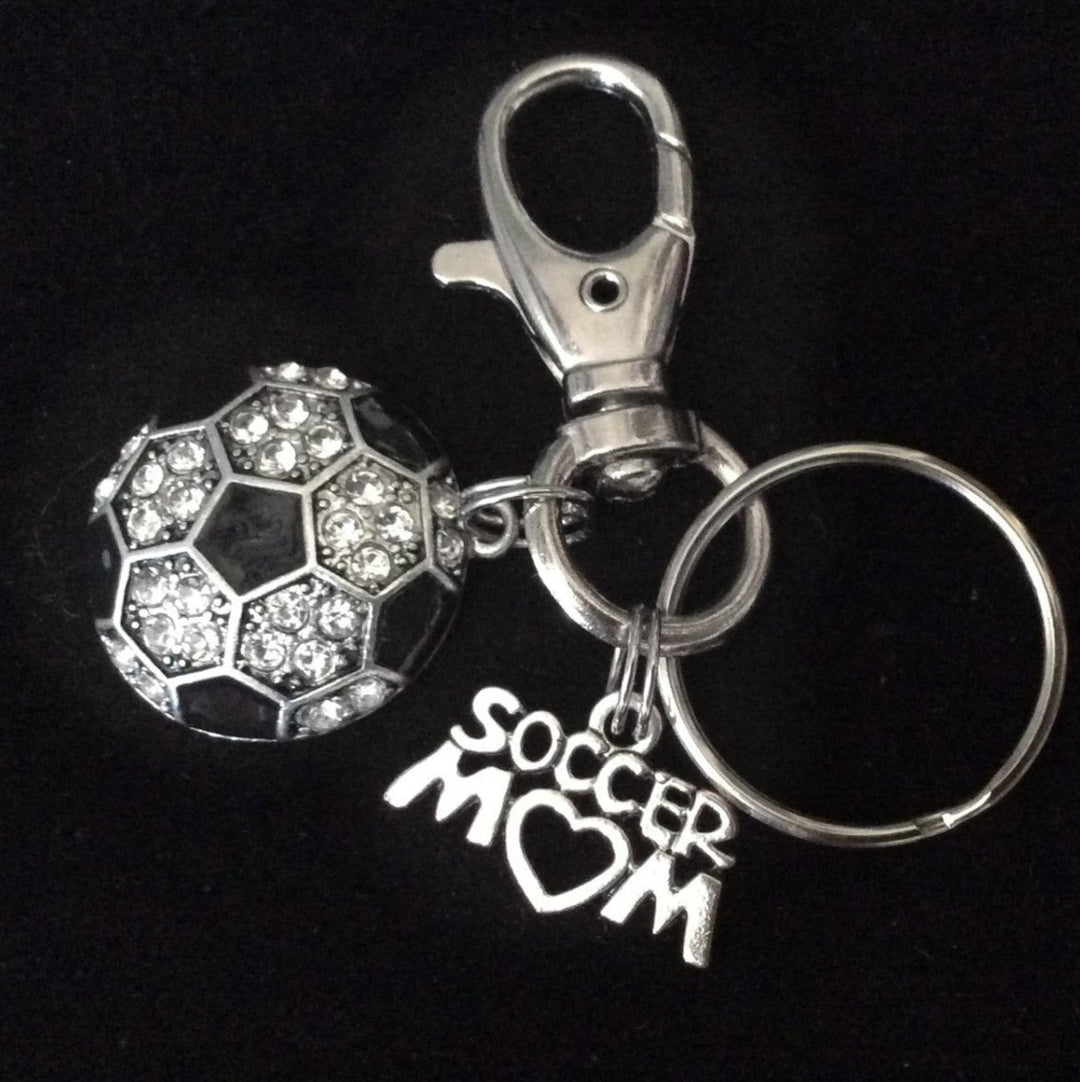 Soccer Mom Key Chain Siver Crystal Soccer Charm Silver Key Ring