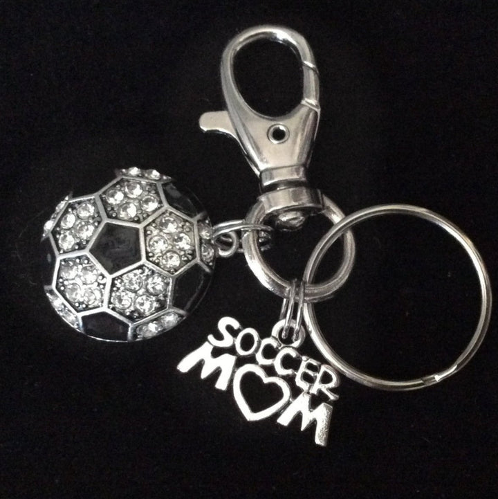 Soccer Mom Key Chain Siver Crystal Soccer Charm Silver Key Ring