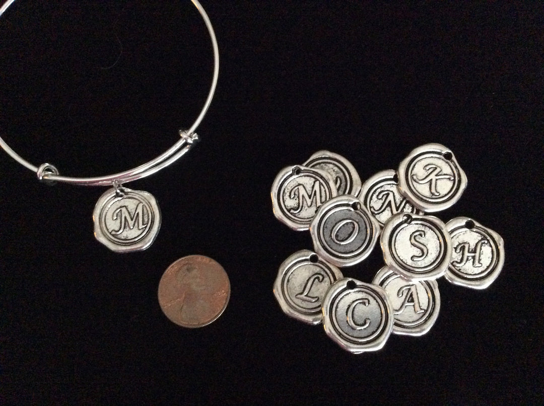 Add A Wax Stamped Style Letter Charm to an Expandable Adjustable Wire Bangle 