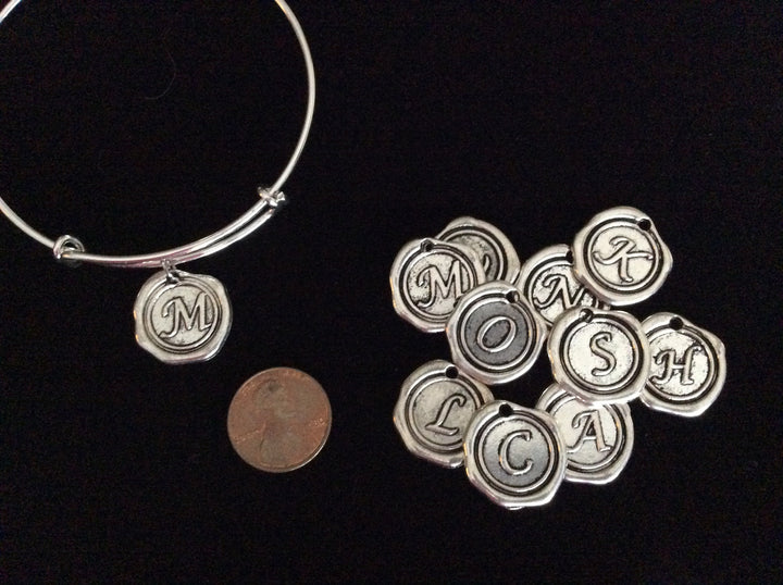 Add A Wax Stamped Style Letter Charm to an Expandable Adjustable Wire Bangle 