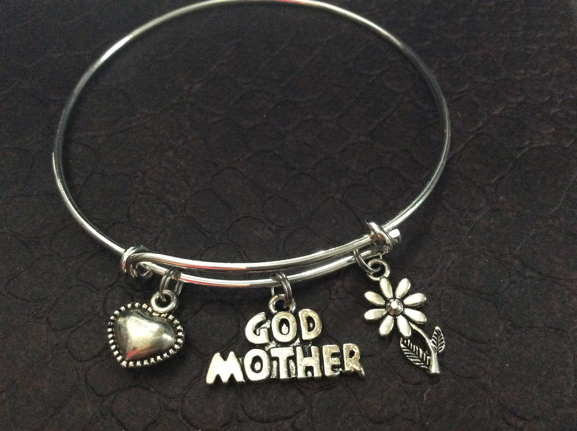 Godmother and Daisy Charm Silver Expandable Bracelet Adjustable Bangle