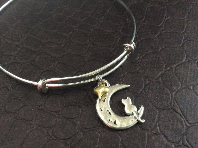 Cat on the Moon with Gold Heart Charm Bracelet Expandable Adjustable Wire Bangle