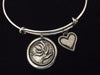 Wax Stamped Silver Flower and Heart Expandable Bracelet 