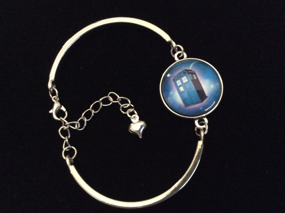 Blue Police Box Design Domed Charm on a Silver Adjustable Cuff Bracelet