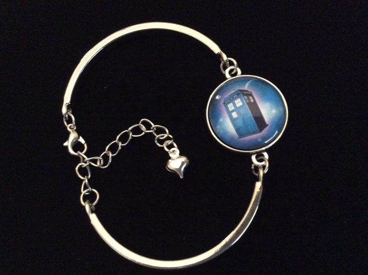 Blue Police Box Design Domed Charm on a Silver Adjustable Cuff Bracelet