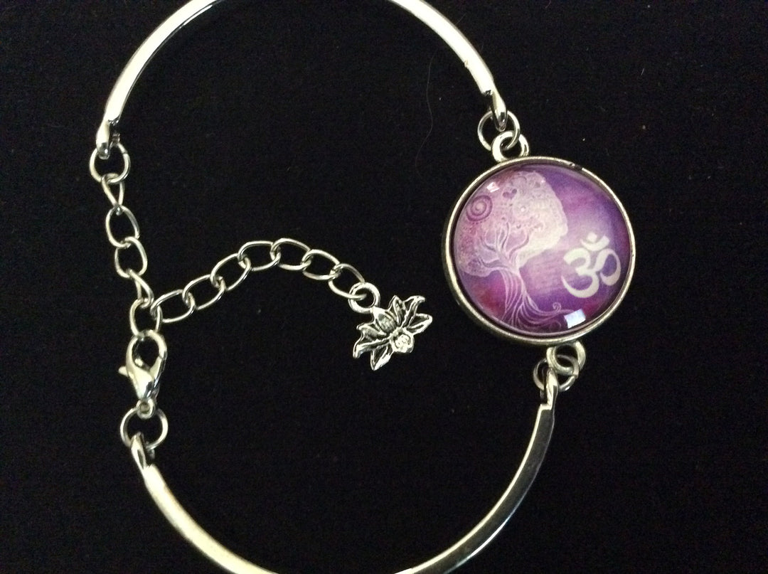 Purple Tree of Life Glass Domed Charm and Silver Lotus Charm on a Silver Adjustable Cuff Bracelet 