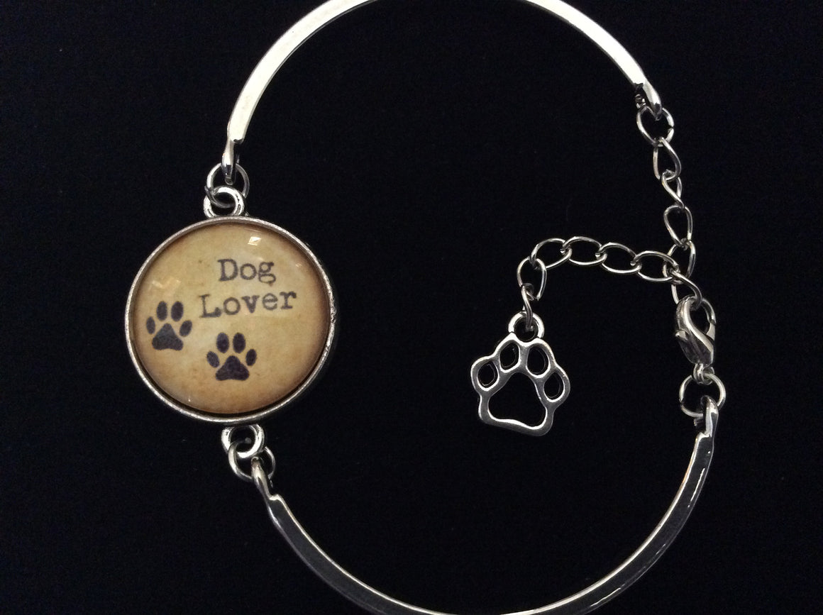 Dog Lover with Paw Prints Glass Domed Charm on a Silver Adjustable Cuff Bracelet