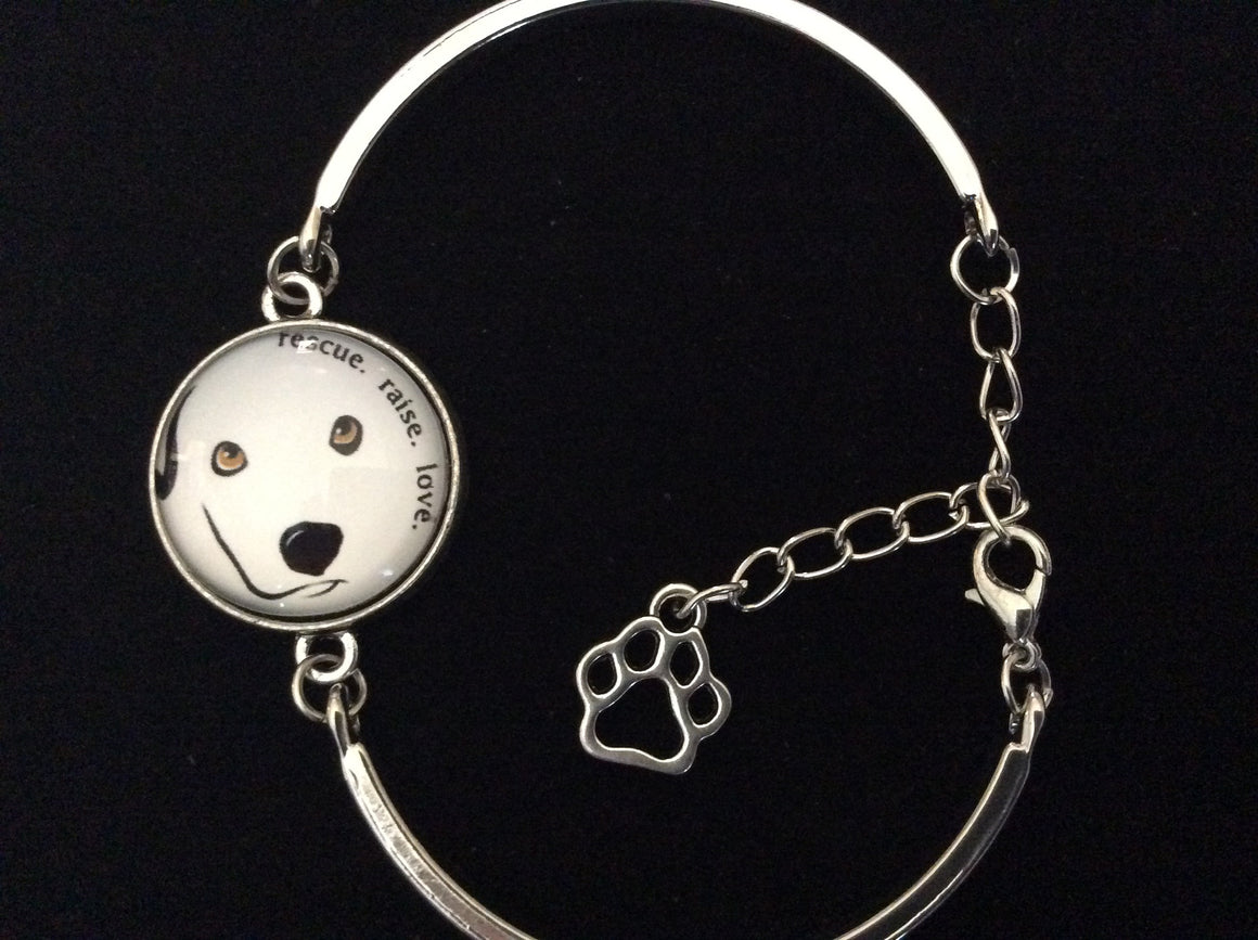 Dog Rescue Raise Love Glass Domed Charm on a Silver Adjustable Cuff Bracelet 
