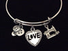 Love to Sew sewing Machine Buttons Heart Shaped Love Charm Silver Charm Bracelet